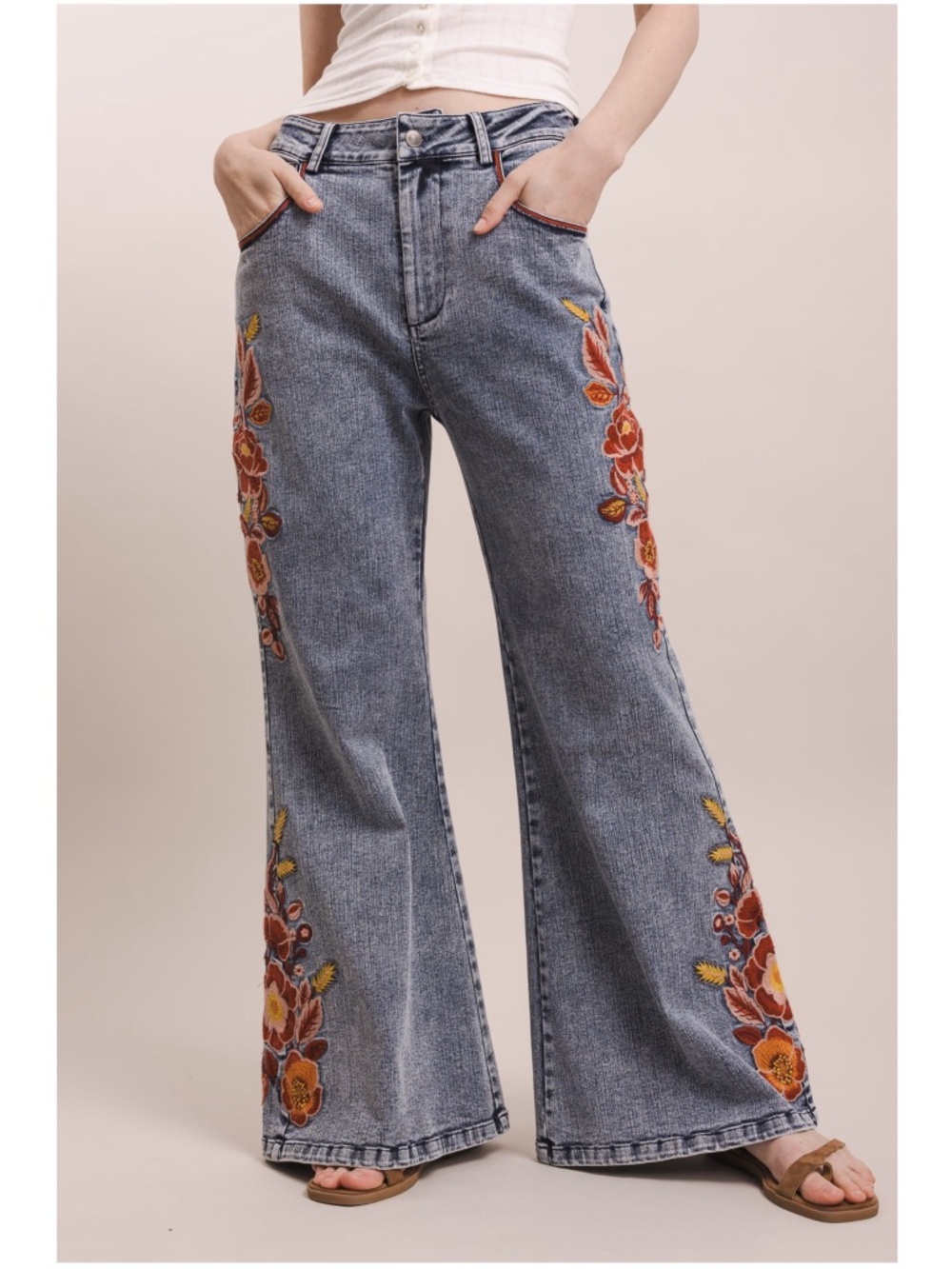 Bluevelvet Mineral Wash Floral Embroidered Wide leg Denim Jeans